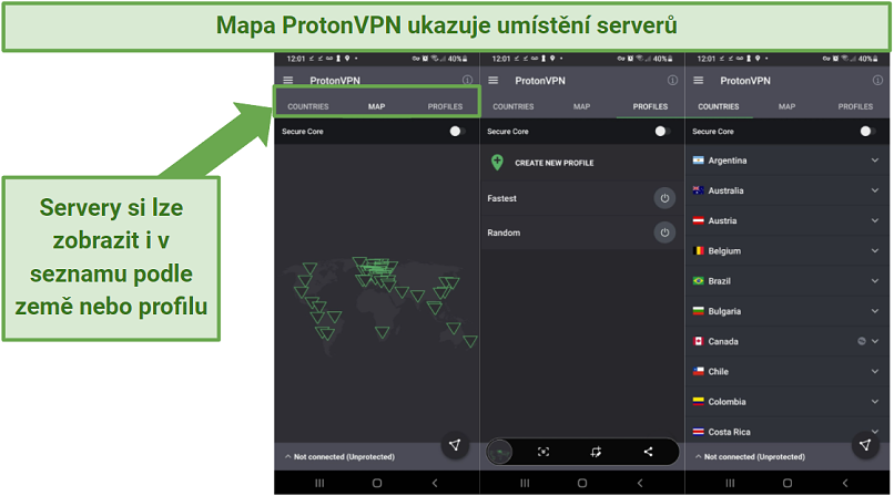 Screenshot of ProtonVPN's Android app, showing its world map feature for viewing server locations