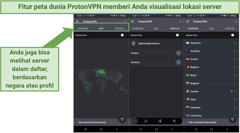 Screenshot of ProtonVPN's Android app, showing its world map feature for viewing server locations