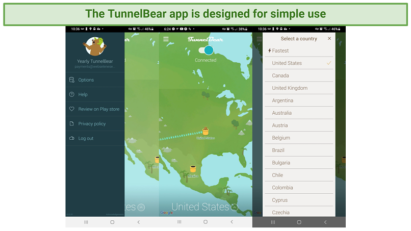 Screenshot of the TunnelBear Android app, showing its world map display
