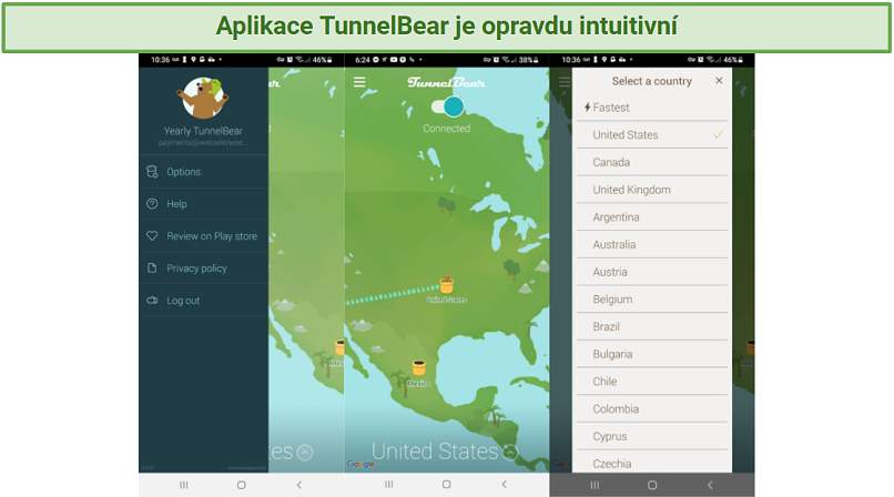 Screenshot of the TunnelBear Android app, showing its world map display