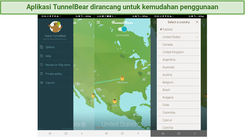 Screenshot of the TunnelBear Android app, showing its world map display