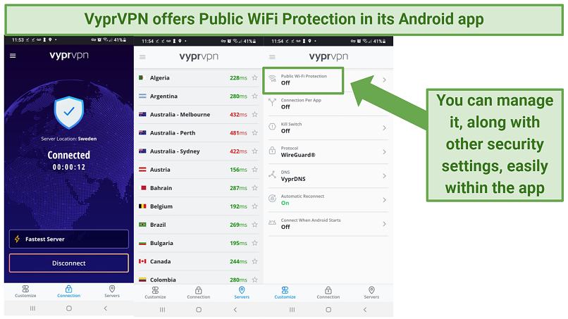 Screenshot of VyprVPN's Android app and where to manage its security settings