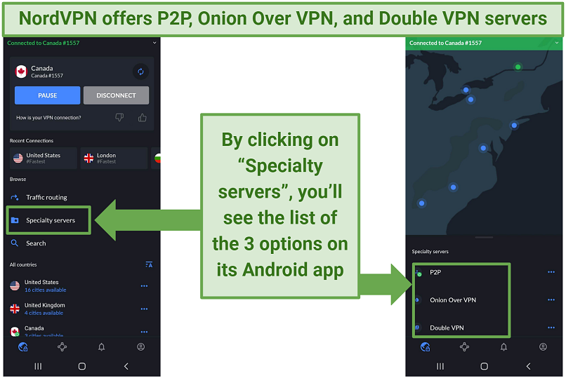 A screenshot of NordVPN's Android app showing the 3 different specialty server options