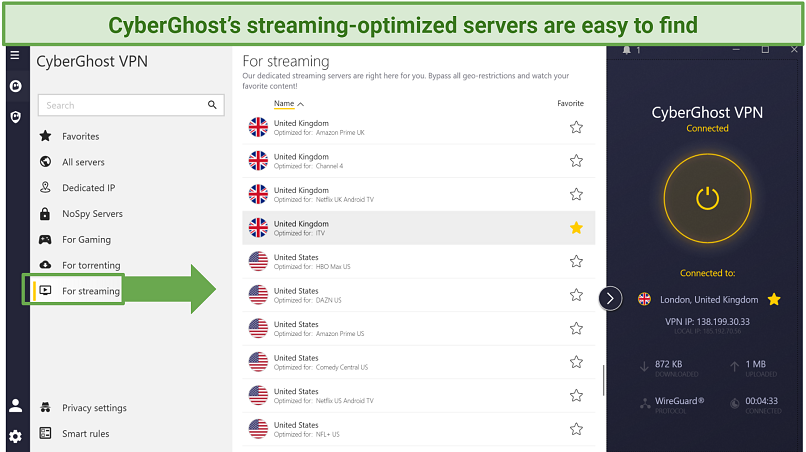 Screenshot of CyberGhost's streaming-optimized servers on Windows