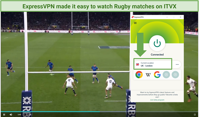Streaming Rugby match on ITVX with ExpressVPN connected to UK server.