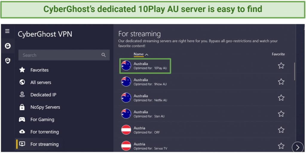 Screenshot of CyberGhost's streaming-optimized servers