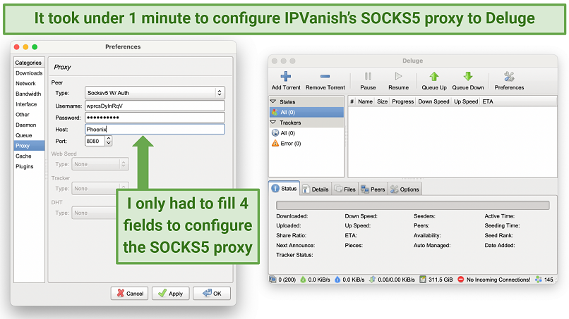 Screenshot showing the Preferences panel on the Deluge torrent client, with IPVanish's SOCKS5 proxy configurations