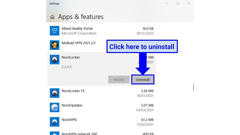 Graphic showing the uninstallation process for NordLocker