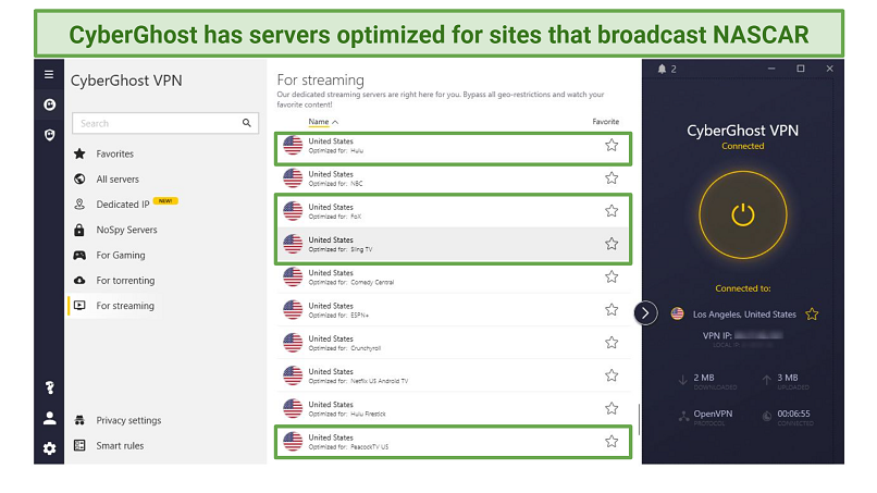 Screenshot showing some of CyberGhost's servers that are optimized for streaming servers that show NASCAR