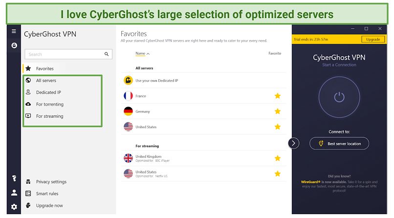 Screenshot of CyberGhost's server network highlighting the optimized server categories