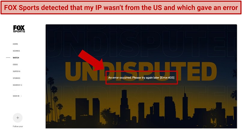 Screenshot showing Fox Sports location error