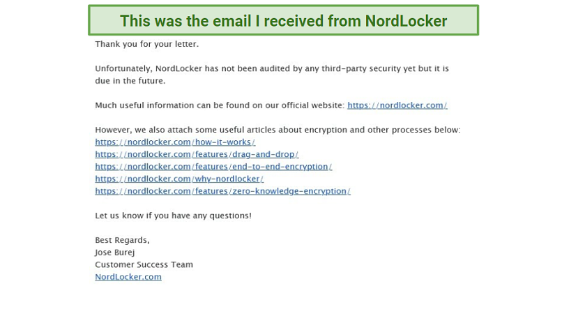 Graphic showing NordLocker email response