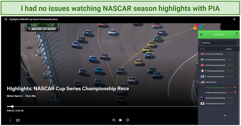Screenshot of NBC Sports website with PIA connected to a streaming server in the US