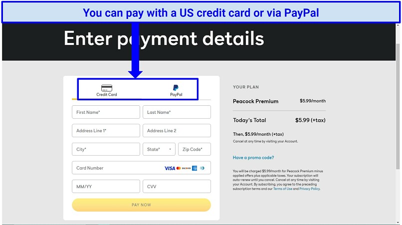 Screenshot of Peacock's payment page