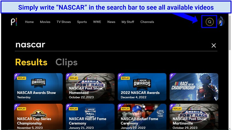 Screenshot of available NASCAR videos on Peacock
