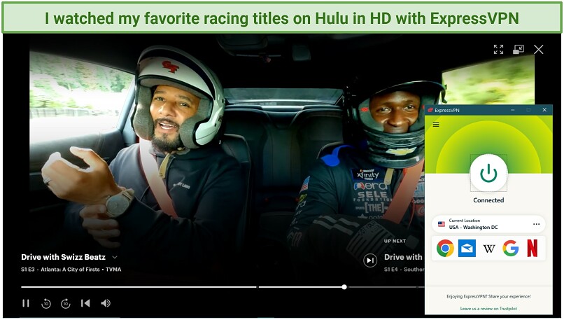 Screenshot of streaming Hulu with ExpressVPN connected to a server in Washington