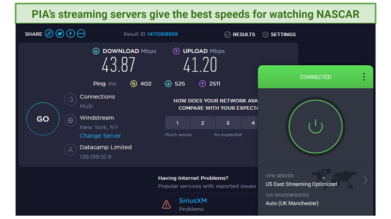 Screenshot showing speed test results with PIA connected to US East streaming-optimized server