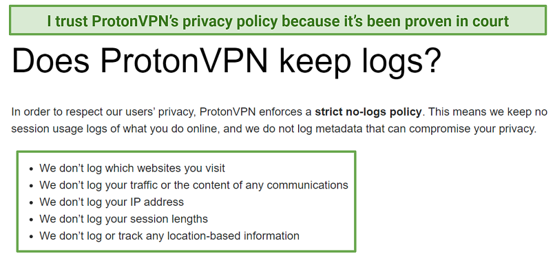 Screenshot of ProtonVPN's logging policy highlighting what information it doesn't store