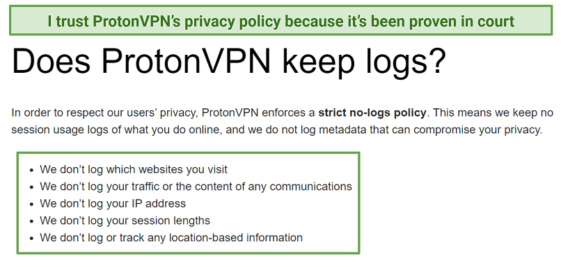 Screenshot of Proton VPN's logging policy highlighting what information it doesn't store