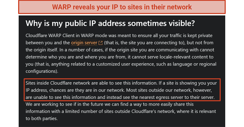Screenshot of WARP's IP address concerns