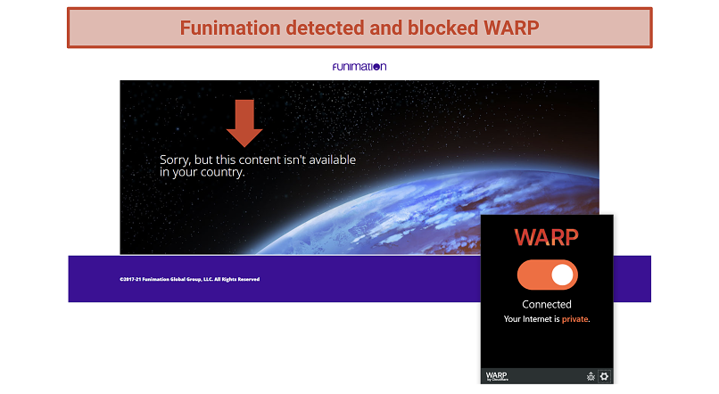 Screenshot of Funimation blocking WARP