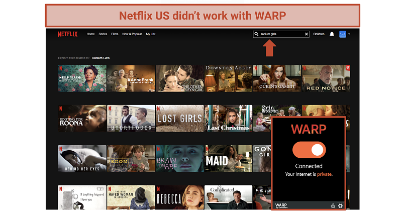 Screenshot of Netflix US shows not working with WARP