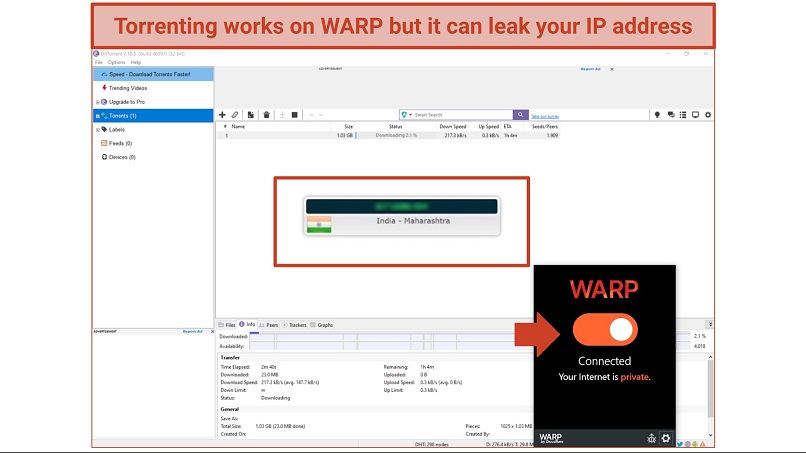 Screenshot of the Torrenting test on WARP
