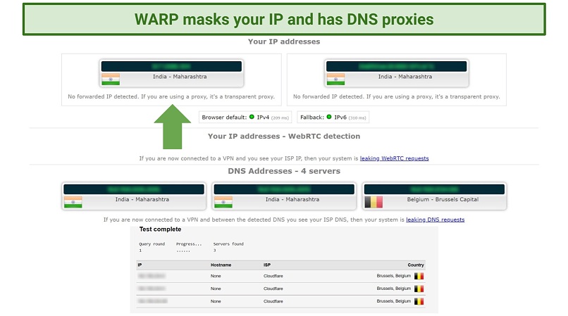 Screenshot of IP leak test