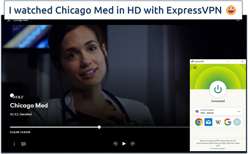 Screenshot showing Chicago Med playing on Peacock TV with ExpressVPN connected to Atlanta server