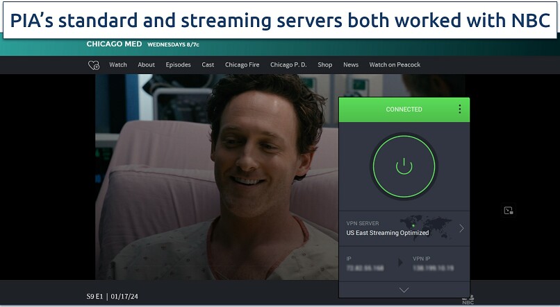 Screenshot of Chicago Med streaming on NBC.com while PIA is connected to the US East Streaming Optimized server