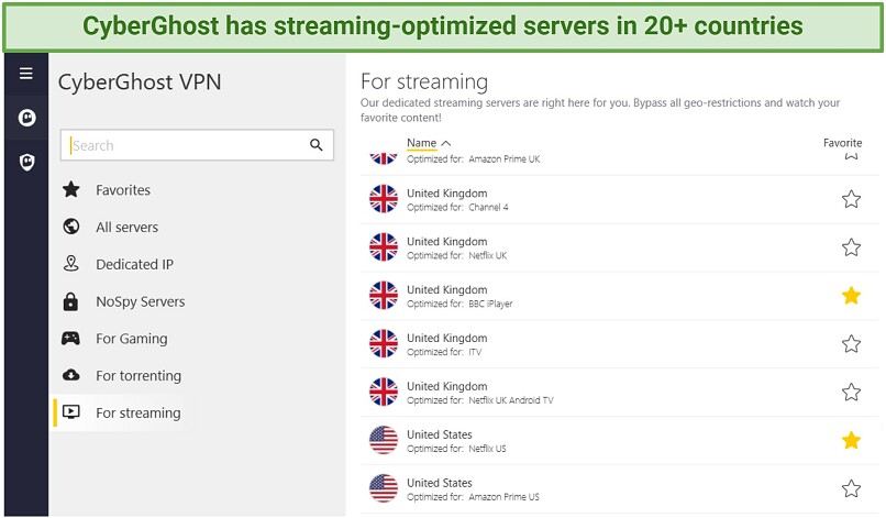 screenshot showing a list of CyberGhost's streaming-optimized servers