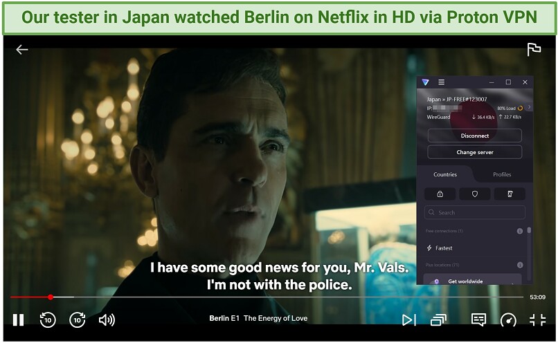 Screenshot of Berlin streaming on Android TV Box with ProtonVPN connected