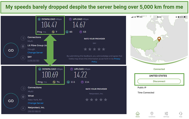 Screenshot of IPVanish's speed tests on long-distance servers in New York