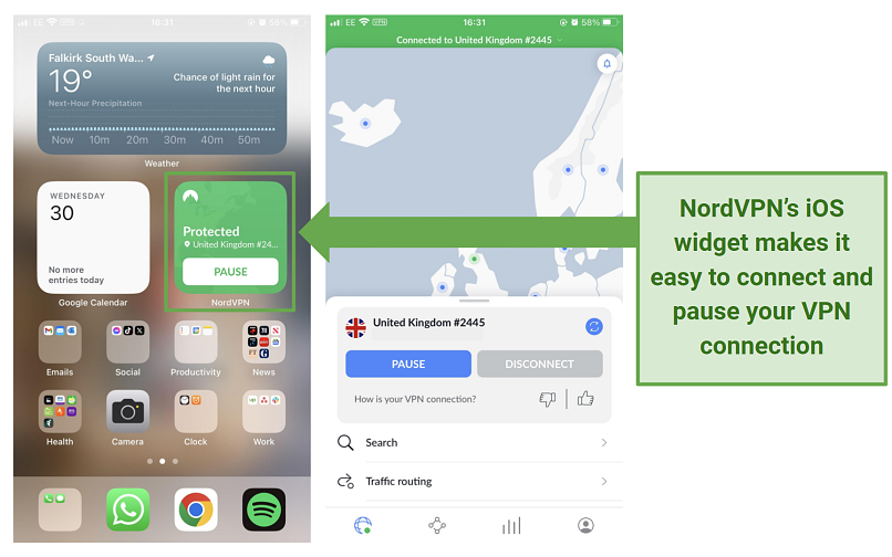 Screenshot of NordVPN's iOS widget