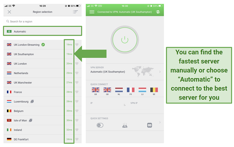 Screenshot of PIA's iOS app showing the latency of each server