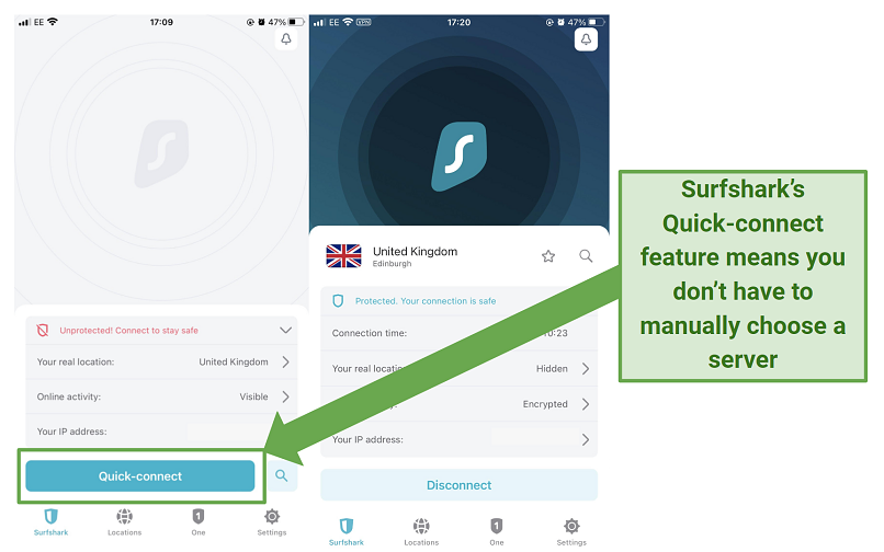 Screenshot of Surfshark's iOS app highlighting the Quick-connect feature