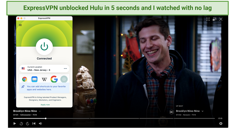Screenshot of ExpressVPN unblocking Hulu