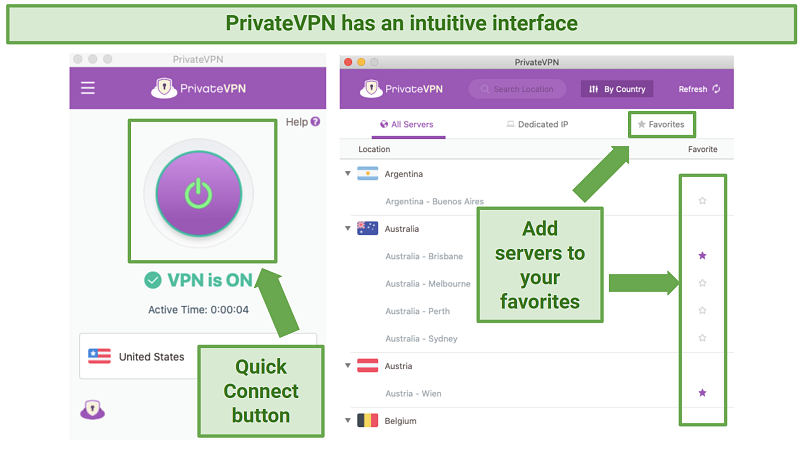 Screenshot showing the user interface of PrivateVPN on Mac