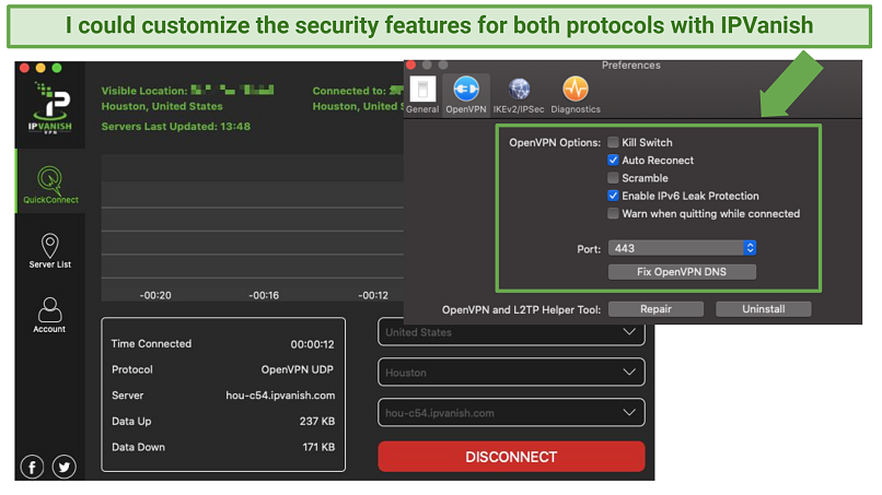 Screenshot of IPVanish's interface