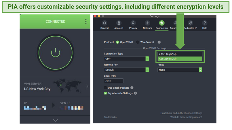 Screenshot of PIA's security features