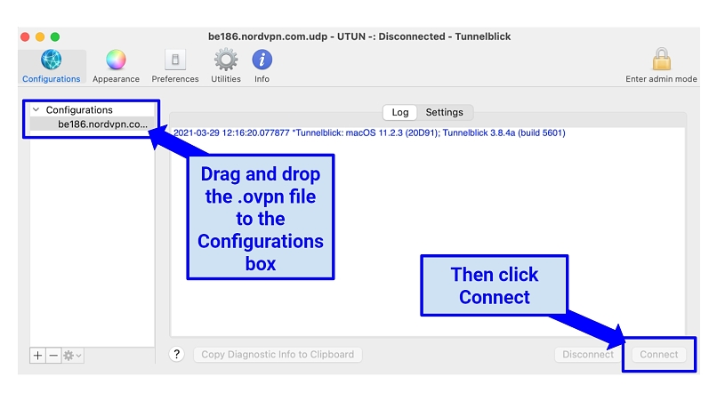 Screenshot showing how to connect a Mac to OpenVPN manually