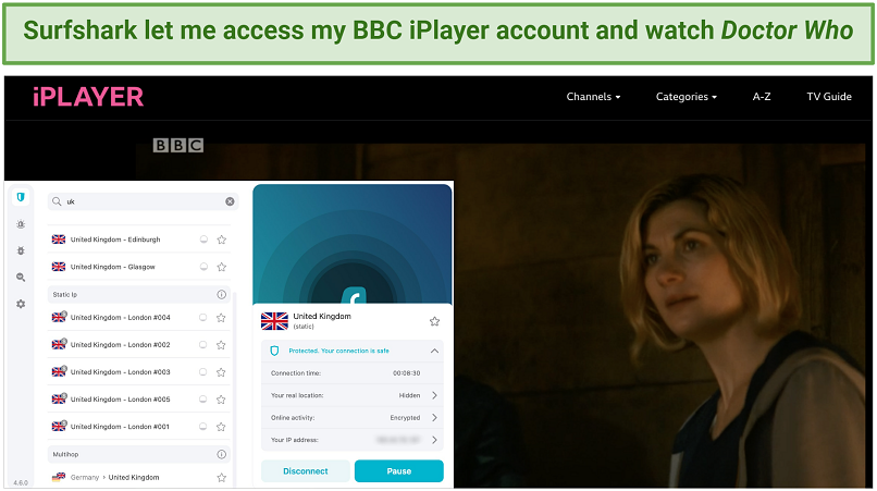 Screenshot of Surfshark unblocking BBC iPlayer