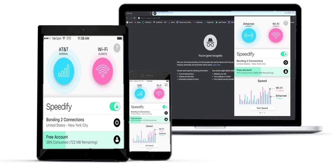 Piccolo assortimento di dispositivi tecnologici compatibili con Speedify.