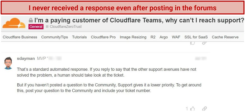 A snapshot showing a response from Cloudflare community admin response to a question