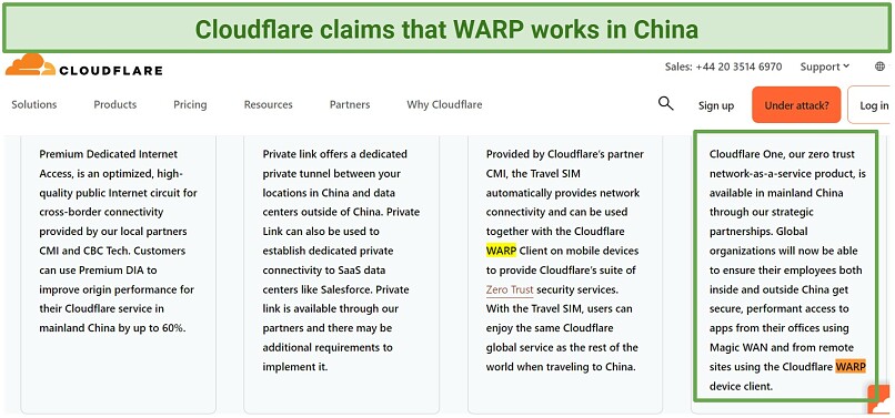 A screenshot of Cloudflare website stating that WARP works in China