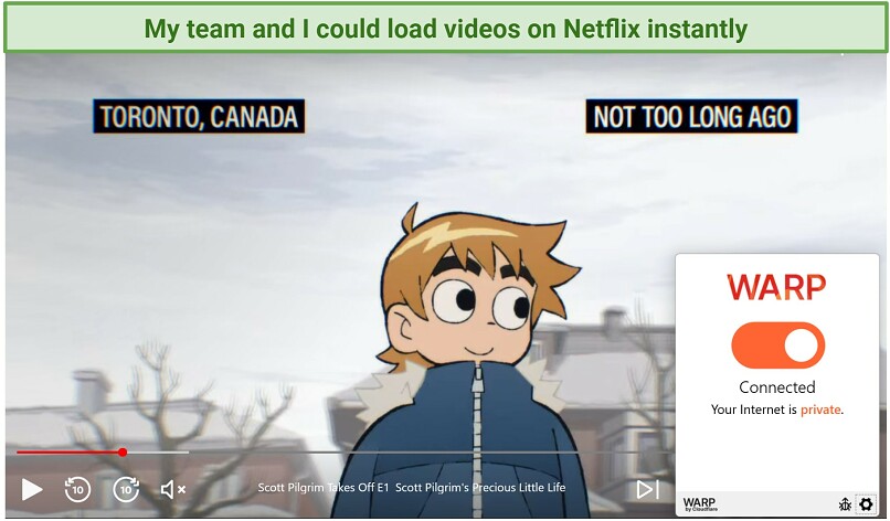 Screenshot of Netflix player streaming Scott Pilgrim Takes Off while connected to WARP