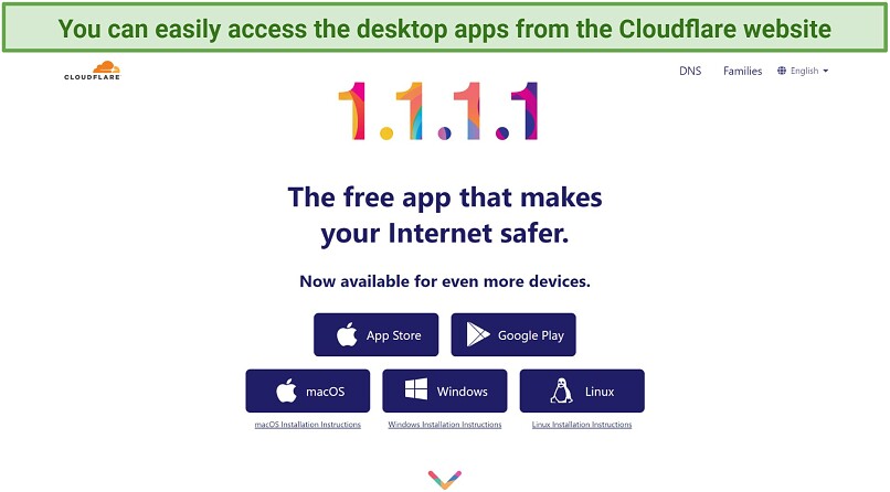 Screenshot of the download page on Cloudflare's Website for WARP/1.1.1.1