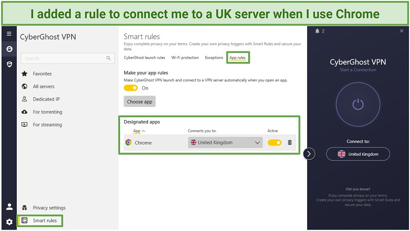 A screenshot showing CyberGhost's Smart App rules where Chrome is designated to connect to a UK server for watching Quest TV