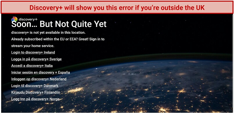 A screenshot showing the geo-restriction error message on Discovery+ when trying to access the Quest TV channel