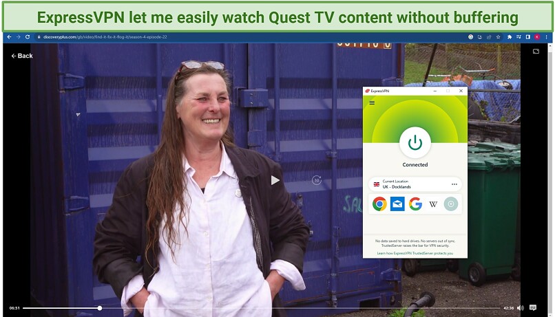 A screenshot showing Find it, Fix It, Flog It playing on Quest TV on Discovery Plus while connected to ExpressVPN's UK - Docklands server